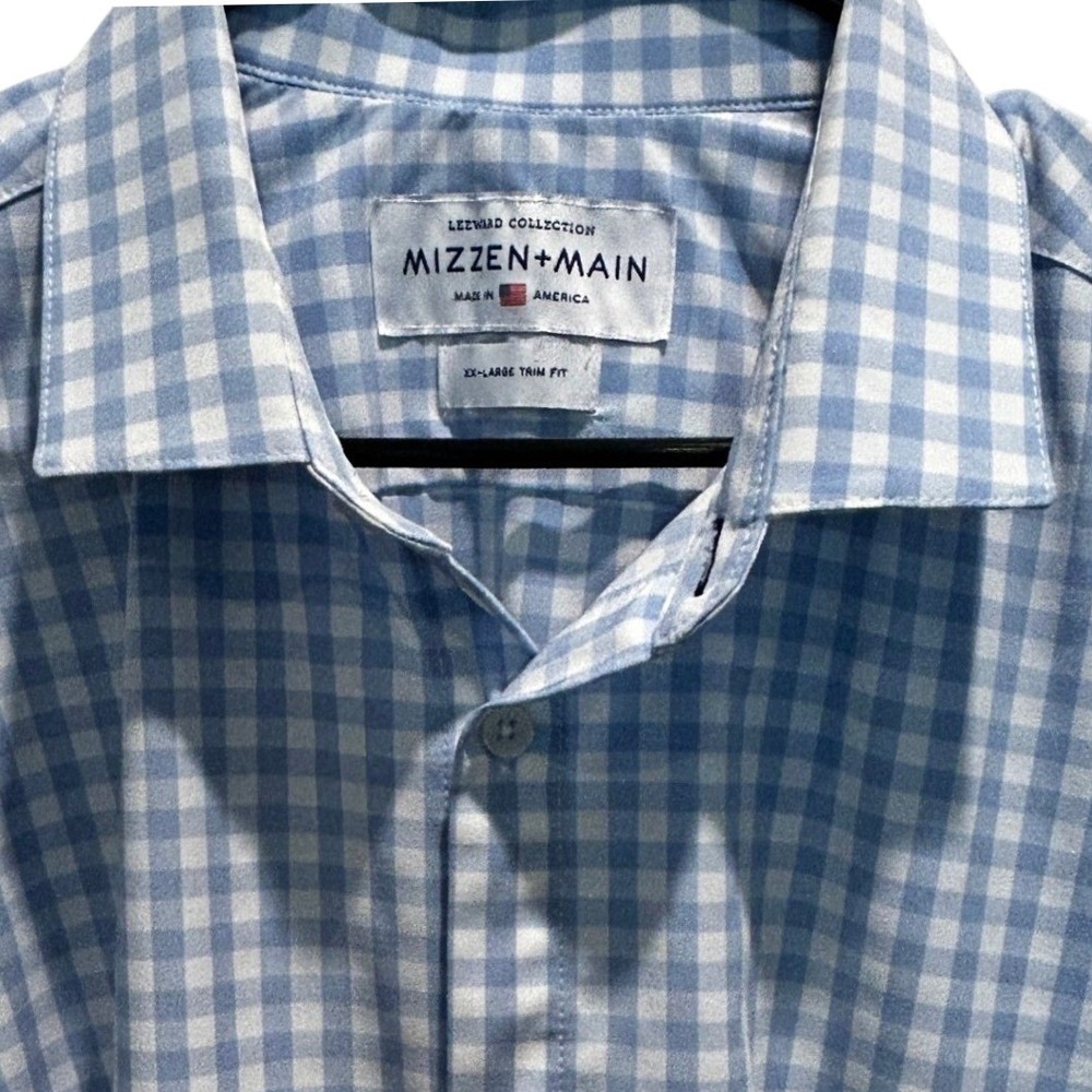 Mizzen+Main Dress Shirt XXL Blue Gingham Leeward Trim Fit Performance Stretch